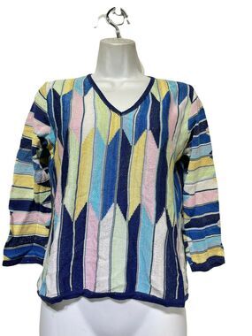 marcazzani italy stripe metallic v-neck Pullover sweater Womens size M